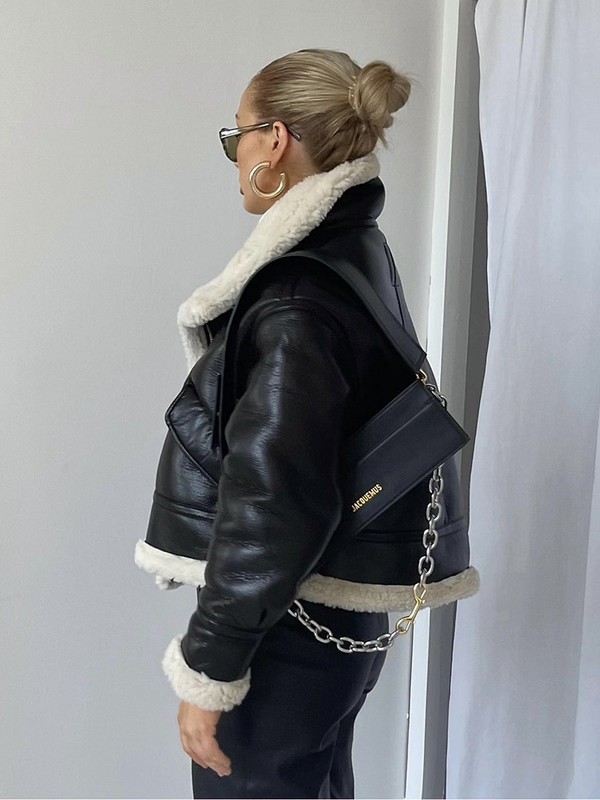 KBAT Zimska ženska motociklistička kožna jakna Topla starinska PU jakna Ženska crna krznena debela i baršunasta kratka vanjska odjeća