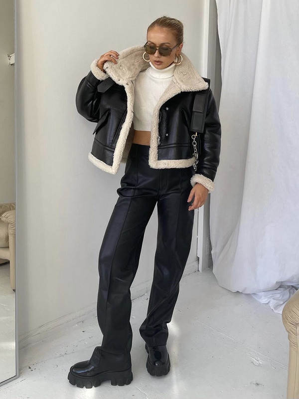 KBAT Zimska ženska motociklistička kožna jakna Topla starinska PU jakna Ženska crna krznena debela i baršunasta kratka vanjska odjeća