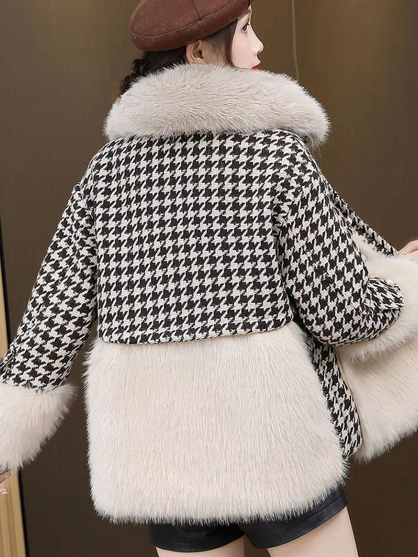 KBAT Jachetă din tweed vintage cu parfum mic, pufoasă, blană artificială, parka caldă, îmbrăcăminte în carouri pentru femei