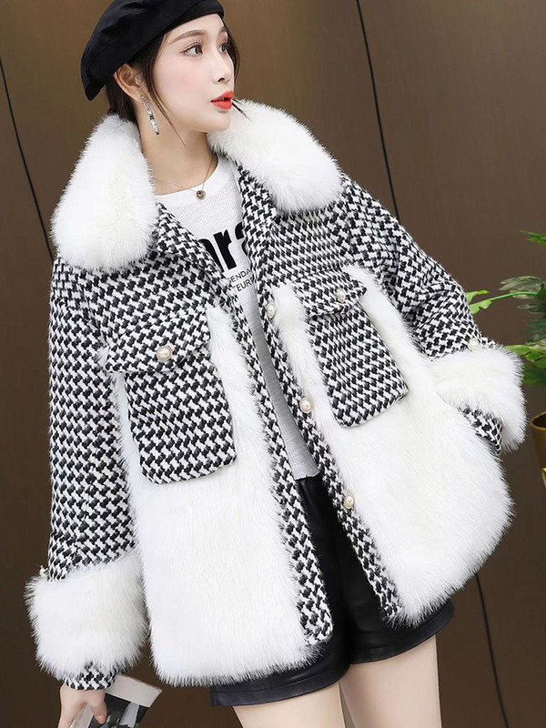 KBAT Jachetă din tweed vintage cu parfum mic, pufoasă, blană artificială, parka caldă, îmbrăcăminte în carouri pentru femei