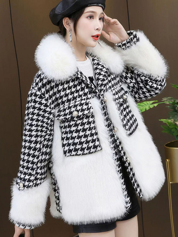 KBAT Jachetă din tweed vintage cu parfum mic, pufoasă, blană artificială, parka caldă, îmbrăcăminte în carouri pentru femei
