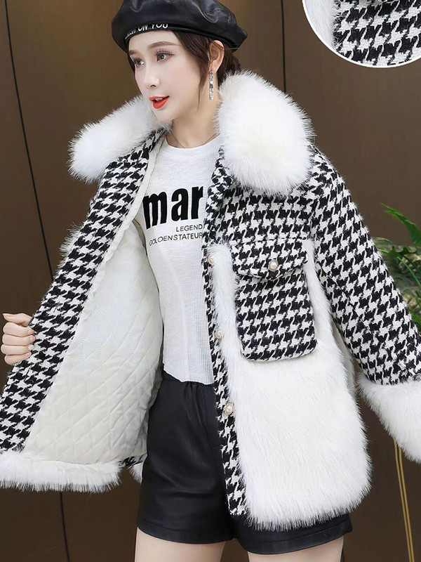 KBAT Jachetă din tweed vintage cu parfum mic, pufoasă, blană artificială, parka caldă, îmbrăcăminte în carouri pentru femei