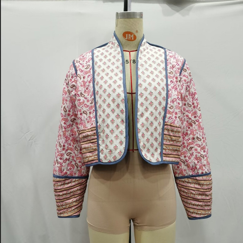 Jachete groase din bumbac cu imprimeu floral pentru femei, toamna 2023, cu două fețe, vintage, patchwork, haine calde pentru femei, îmbrăcăminte stradală de înaltă calitate