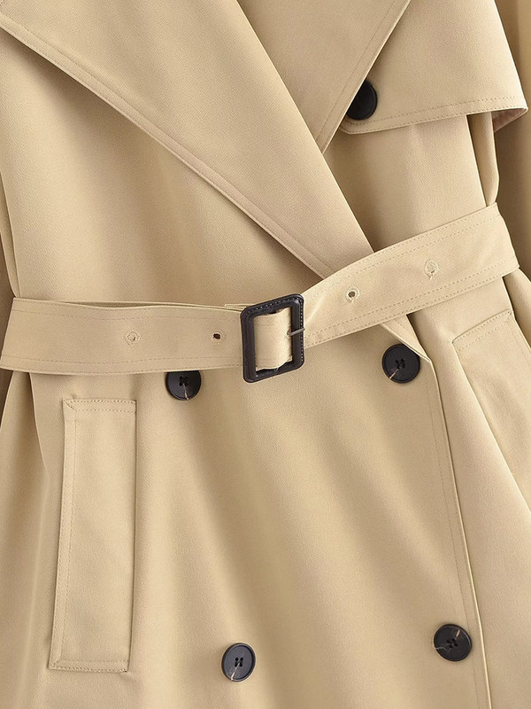 Jachetă de damă kaki cu guler lung cu rever, mâneci lungi, cu curea Jachetă cu două pieptări, 2023, paltoane largi, casual, noi