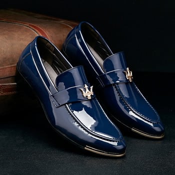 Φόρεμα παπούτσια Slip On Metal Decorated Business Gentleman Party Ανδρικά παπούτσια Μαύρα μπλε πολυτελή λουστρίνι ανδρικά μύτη