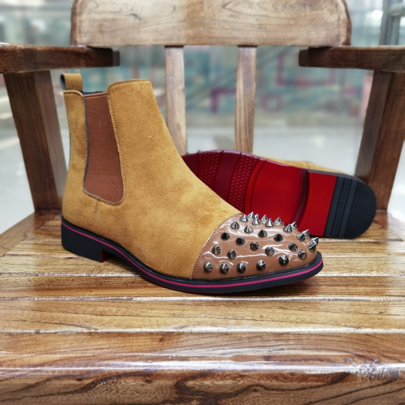 Nauji juodi vyriški Chelsea batai Flock Rivet Square Noe Red Sole Punk Rankų darbo vyriški trumpi batai Nemokamas pristatymas Bottes Pour Hommes