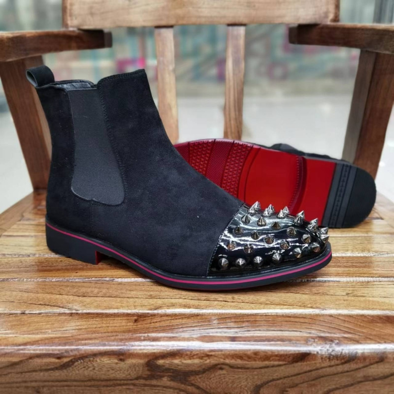 Nauji juodi vyriški Chelsea batai Flock Rivet Square Noe Red Sole Punk Rankų darbo vyriški trumpi batai Nemokamas pristatymas Bottes Pour Hommes