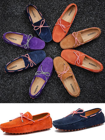 Летни мъжки велурени кожени мокасини Дишащи мокасини Обувки тип лодка Класически обувки за шофиране Оранжево лилаво Мъжки равни обувки 38-47