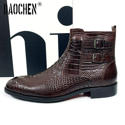 Botine de lux pentru bărbați pantofi negru maro cu fermoar imprimat rochie din chelsea cu cataramă dublă cizme bărbați