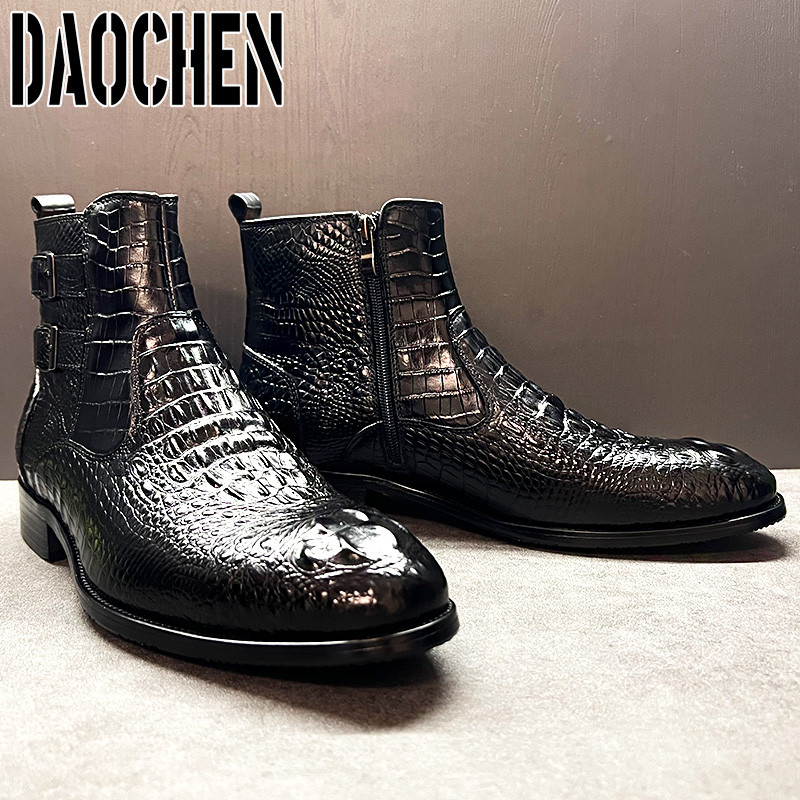 Botine de lux pentru bărbați pantofi negru maro cu fermoar imprimat rochie din chelsea cu cataramă dublă cizme bărbați