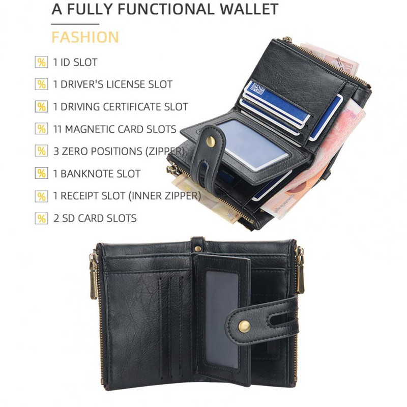 Muški novčanik od umjetne kože s dvostrukim patentnim zatvaračem, retro novčanik s sigurnom kopčom velikog kapaciteta, višestruki modni novčanik za muškarce