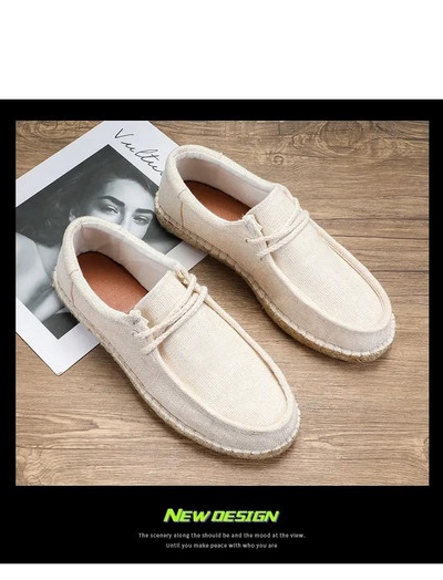 Vyriški vasariniai rankų darbo žvejo batai minkštu dugnu, neslystantys, kvėpuojantys didelio dydžio tinginiai, suvarstomi lininiai drobiniai batai