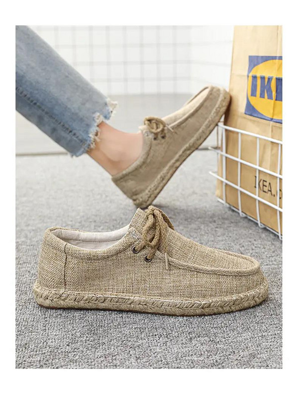 Vyriški vasariniai rankų darbo žvejo batai minkštu dugnu, neslystantys, kvėpuojantys didelio dydžio tinginiai, suvarstomi lininiai drobiniai batai