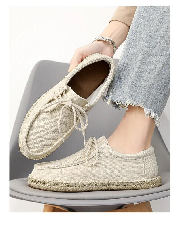 Vyriški vasariniai rankų darbo žvejo batai minkštu dugnu, neslystantys, kvėpuojantys didelio dydžio tinginiai, suvarstomi lininiai drobiniai batai