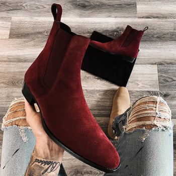 New In Wine Red Ανδρικές μπότες Chelsea Flock επαγγελματικές μπότες με στρογγυλά δάχτυλα για άνδρες με δωρεάν αποστολή Ανδρικές μπότες Bottes Pour Hommes