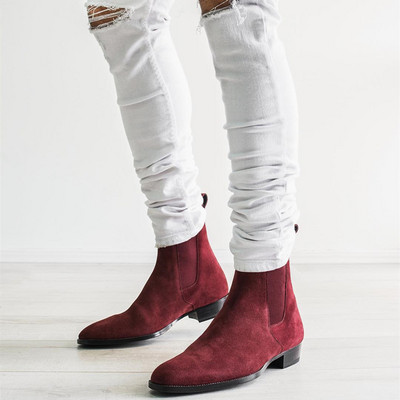 Új In Wine Red Férfi Chelsea Boots Flock Kerek orrú üzleti csizma férfiaknak, ingyenes szállítással Férfi csizmák Bottes Pour Hommes