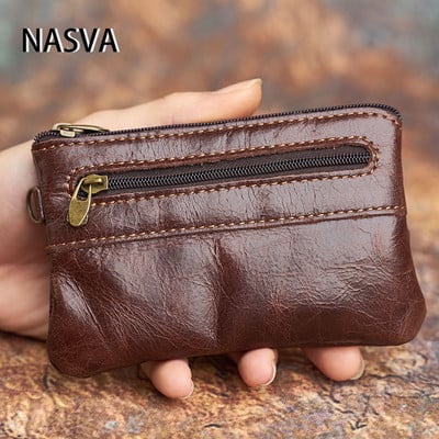 Мъжки портфейл от кожа NASVA Ретро чанта за монети с цип Малък джоб за портфейл за мъже Дамски портфейл с държач за карти