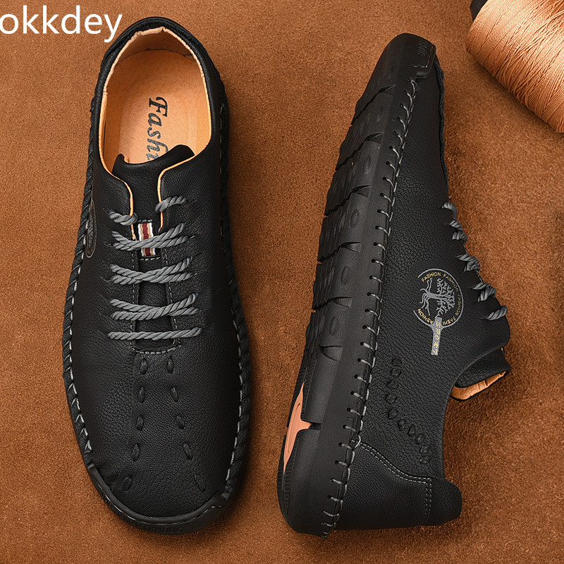 Meeste pidulikud jalatsid ümara varbaga, lame vabaaja mugavad trendikad, kõik sobivad õuekingad Nahast jalatsid meestele Kevadsuvi