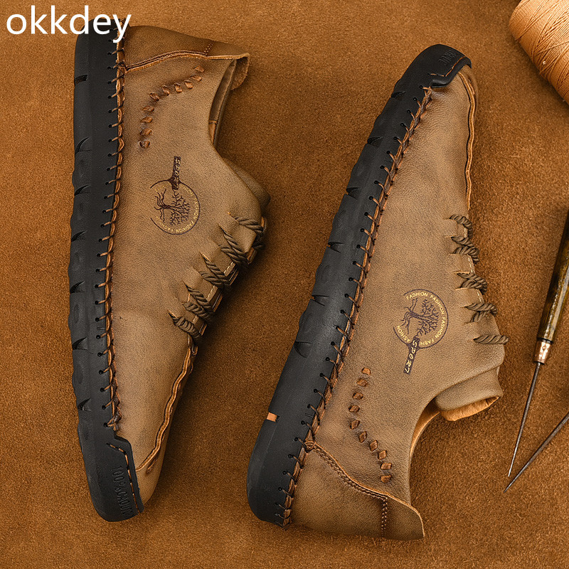 Meeste pidulikud jalatsid ümara varbaga, lame vabaaja mugavad trendikad, kõik sobivad õuekingad Nahast jalatsid meestele Kevadsuvi