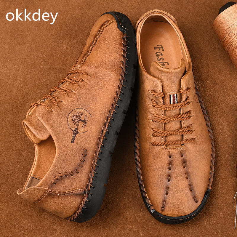 Meeste pidulikud jalatsid ümara varbaga, lame vabaaja mugavad trendikad, kõik sobivad õuekingad Nahast jalatsid meestele Kevadsuvi