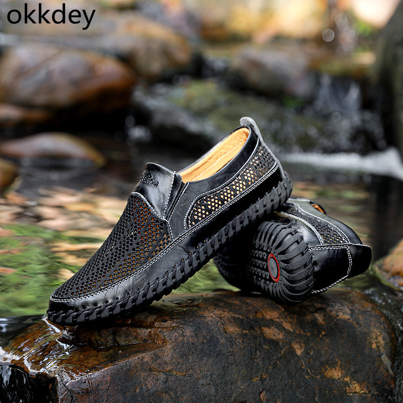 Ležerne kožne cipele za muškarce, s okruglim prstima, ravne vanjske, udobne, trendi, sveobuhvatne, prozračne, muške kožne, proljeće, ljeto, glavne
