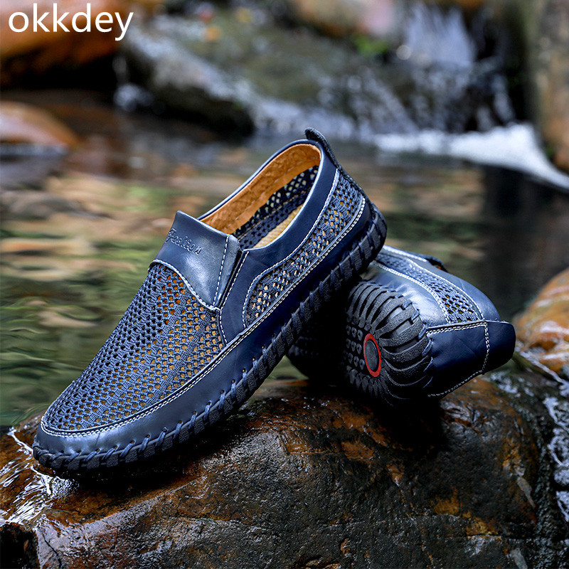 Ležerne kožne cipele za muškarce, s okruglim prstima, ravne vanjske, udobne, trendi, sveobuhvatne, prozračne, muške kožne, proljeće, ljeto, glavne