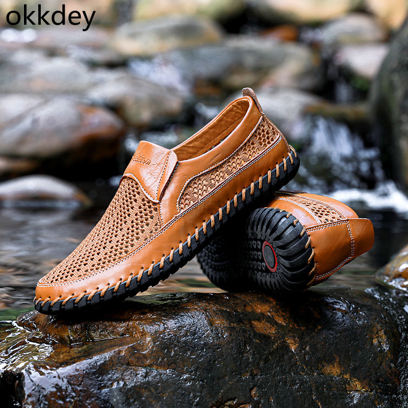 Ležerne kožne cipele za muškarce, s okruglim prstima, ravne vanjske, udobne, trendi, sveobuhvatne, prozračne, muške kožne, proljeće, ljeto, glavne