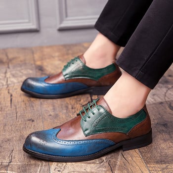 Големи размери 38-47 Мъжки кожени обувки Oxfords Британски зелени сини обувки Ръчно изработени удобни официални рокли Мъжки равни обувки с връзки Bullock