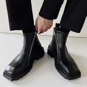 Cizme de bărbați cu vârf pătrat Cizme de motocicletă cu fermoar cu platformă pentru bărbați Cizme scurte din piele despicată