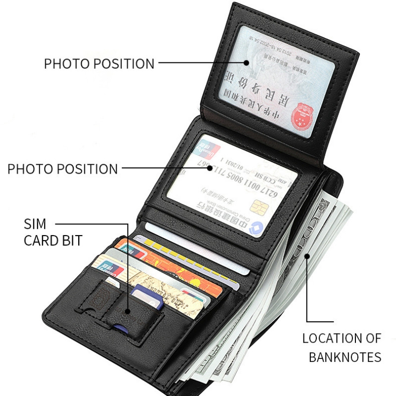 Divatos, egyszínű férfi, függőleges, rövid stílusú bőr pénztárca több kártyanyílással és átlátszó azonosító ablakkal ellátott, pénzkapcsos táskával