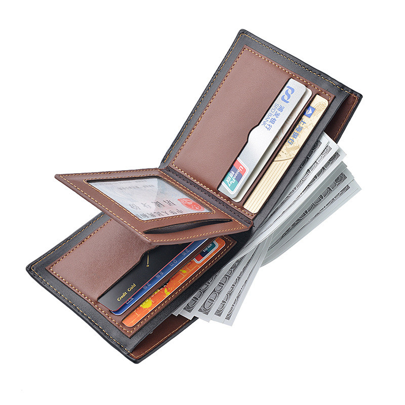 Jaunų vyrų senovinė odinė trumpa piniginė su užtrauktuku užsegama kišene, keliomis kortelių angomis ir skaidriu ID langu