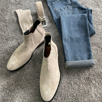 New In Men Chelsea Boots Beige Flock Round Toe Slip-On Business Handmade ανδρικές μπότες Δωρεάν αποστολή Botas De Hombre