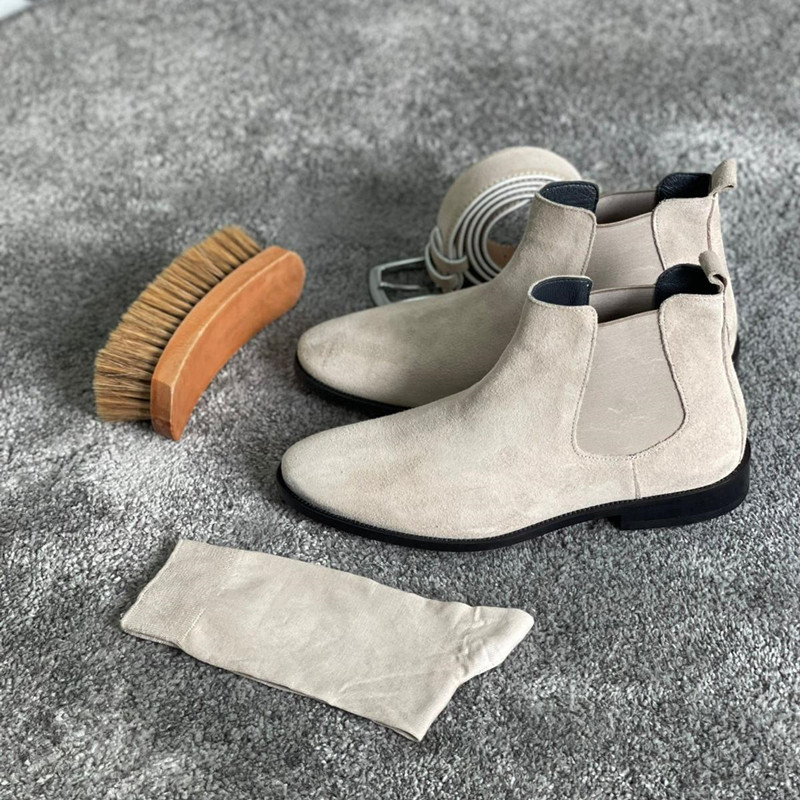 New In Men Chelsea Boots Beige Flock Round Toe Slip-On Business Handmade ανδρικές μπότες Δωρεάν αποστολή Botas De Hombre