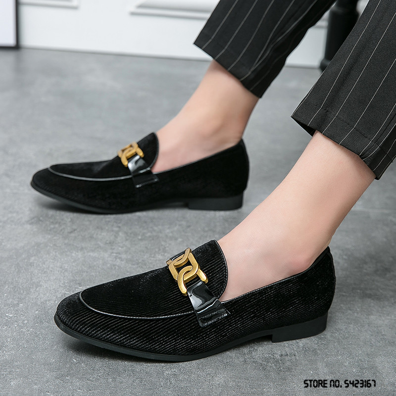 Μόδα ανδρική μυτερή κοτλέ μεταλλική αλυσίδα casual παπούτσια Oxford Επίσημο φόρεμα χορού γάμου Homecoming Zapatillas Hombre