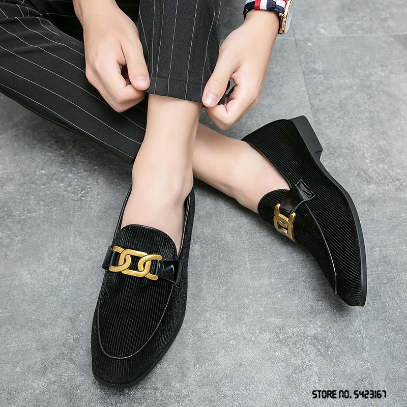 Μόδα ανδρική μυτερή κοτλέ μεταλλική αλυσίδα casual παπούτσια Oxford Επίσημο φόρεμα χορού γάμου Homecoming Zapatillas Hombre