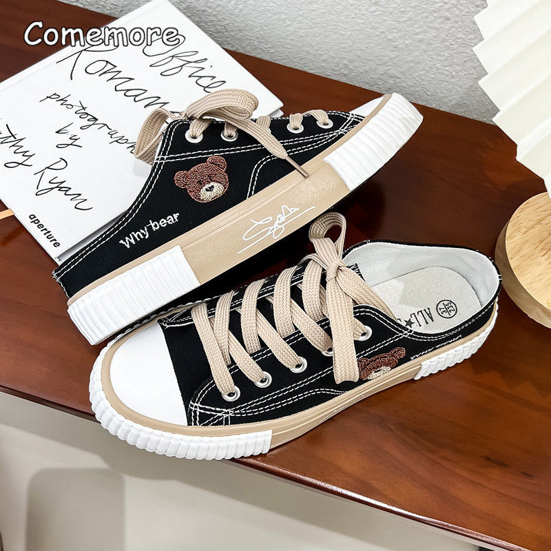 Comemore de primăvară femei drăguț urs pantofi din pânză plat ocazional toate potriviți jumătate papuci versiune coreeană cu șireturi pantofi vulcanizat