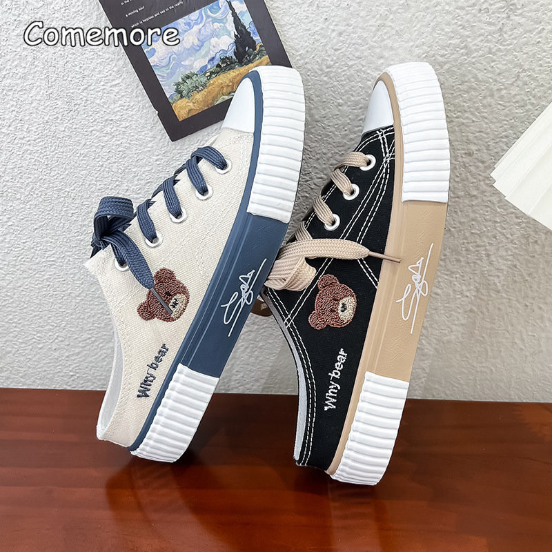 Comemore de primăvară femei drăguț urs pantofi din pânză plat ocazional toate potriviți jumătate papuci versiune coreeană cu șireturi pantofi vulcanizat