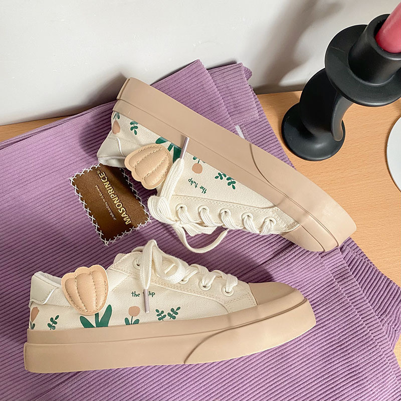 Moteriški sportbačiai 2023 m. Ruduo Nauji gėlėti mergaičių batai Saldūs mieli laisvalaikio batai Suvarstomi storu padu drobiniai batai tulpiniai moteriški batai