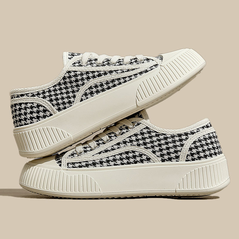 Bijele cipele Houndstooth uzorak dvostruke platnene cipele Ženske platforme na vezivanje Ravna srednja peta Ležerne ženske vulkanizirane cipele