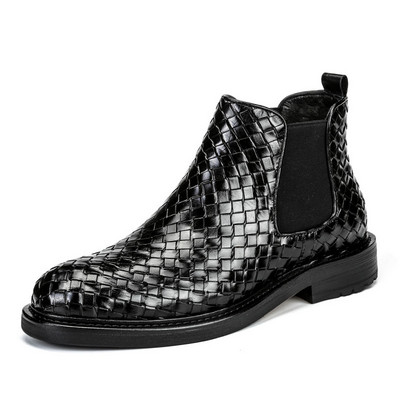 Cizme chelsea pentru bărbați din piele cu model de țesătură din piele pantofi pentru bărbați pantofi business cu slip-on pantofi rochie formale botine la gleznă
