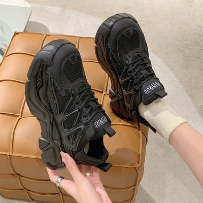 Γυναικεία παπούτσια με κορδόνια με μεσαίο τακούνι 2023 άνοιξη και φθινόπωρο με στρογγυλή πλατφόρμα με δίχτυα γυναικεία παπούτσια sneakers γυναικεία αθλητικά παπούτσια