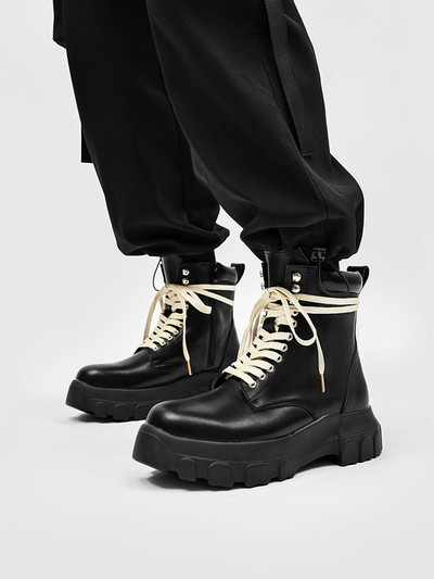 Cizme de motocicletă cu platformă din pentru bărbați Cizme cu șireturi pentru bărbați, cu fermoar lateral, pantofi casual, pantofi rock
