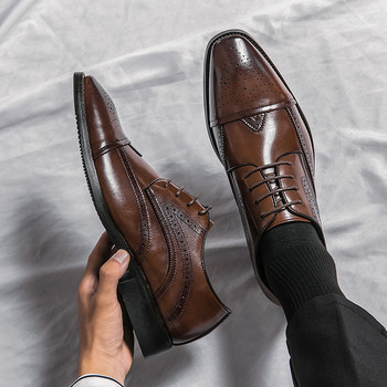 Мъжки кожени обувки Brock Carving Dress Бизнес офис обувки Мъжки обувки за дерби за сватбено тържество Остри ретро черни обувки Оксфорд