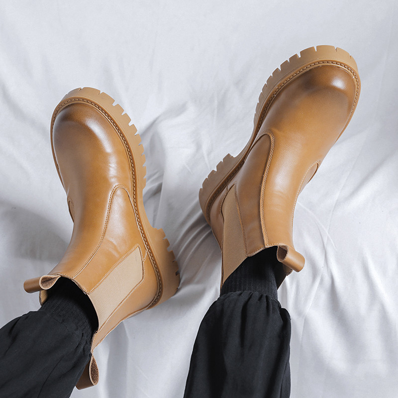 Cizme noi de primăvară Chelsea pentru bărbați Cizme albe cu șireturi pentru motociclete Cizme din piele cu talpă groasă de înaltă calitate.