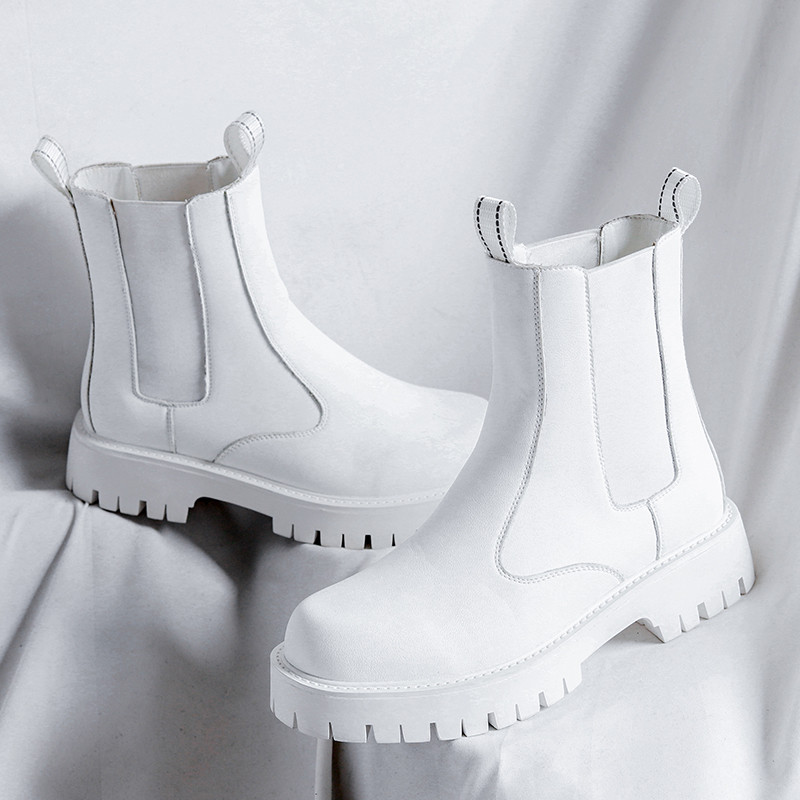 Cizme noi de primăvară Chelsea pentru bărbați Cizme albe cu șireturi pentru motociclete Cizme din piele cu talpă groasă de înaltă calitate.