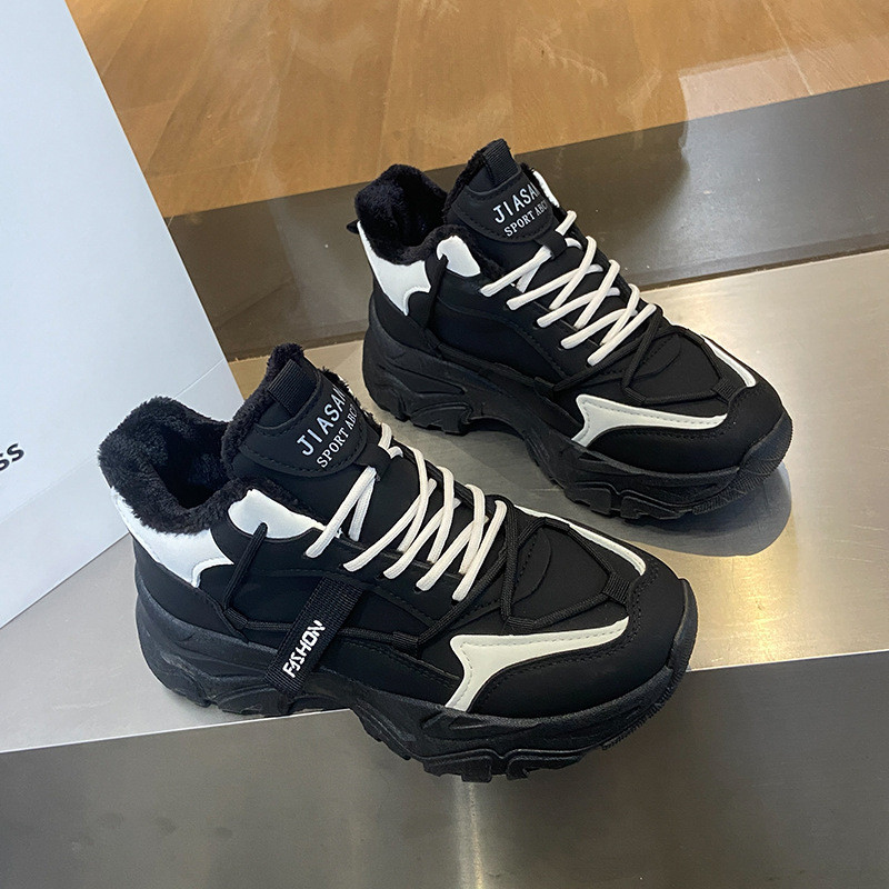 Pantofi de iarnă Plus catifea pentru tată pentru femei, versiunea coreeană, pantofi caldi cu șireturi, pantofi de damă, alb, din bumbac