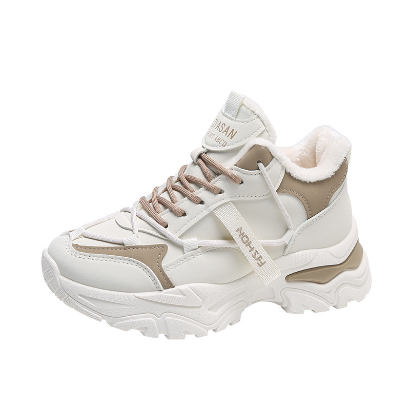 Pantofi de iarnă Plus catifea pentru tată pentru femei, versiunea coreeană, pantofi caldi cu șireturi, pantofi de damă, alb, din bumbac