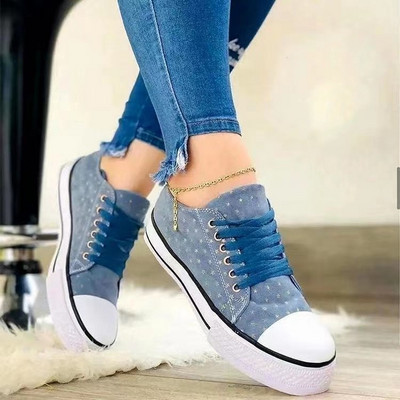 2023 43 Pantofi mari de pânză de damă de primăvară cu cap rotund Floral față cu șireturi Pantofi plat casual pentru studenți