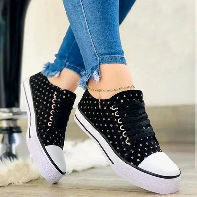 2023 43 Pantofi mari de pânză de damă de primăvară cu cap rotund Floral față cu șireturi Pantofi plat casual pentru studenți