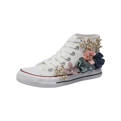 Pantofi de vară înalți pentru femei Pantofi din pânză Pantofi de modă ocazional pentru femei, lucrați manual, personalizați, flori perle, alb, negru